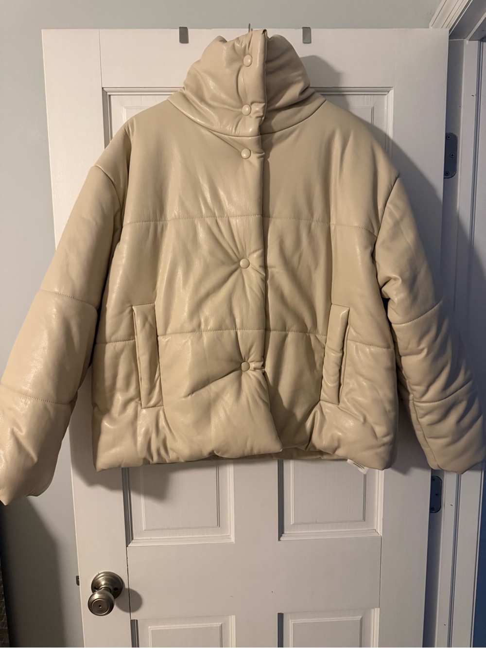 Nanushka Cream Quilted Faux Leather Puffer Jacket with High Collar